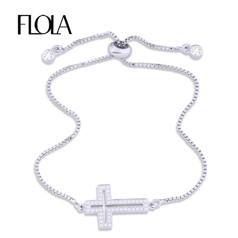 FLOLA New Cubic Zirconia Sideways Jesus Cross Bracelet Women Adjustable Gold Plated Bracelet with Cross Religious Jewelry brta17