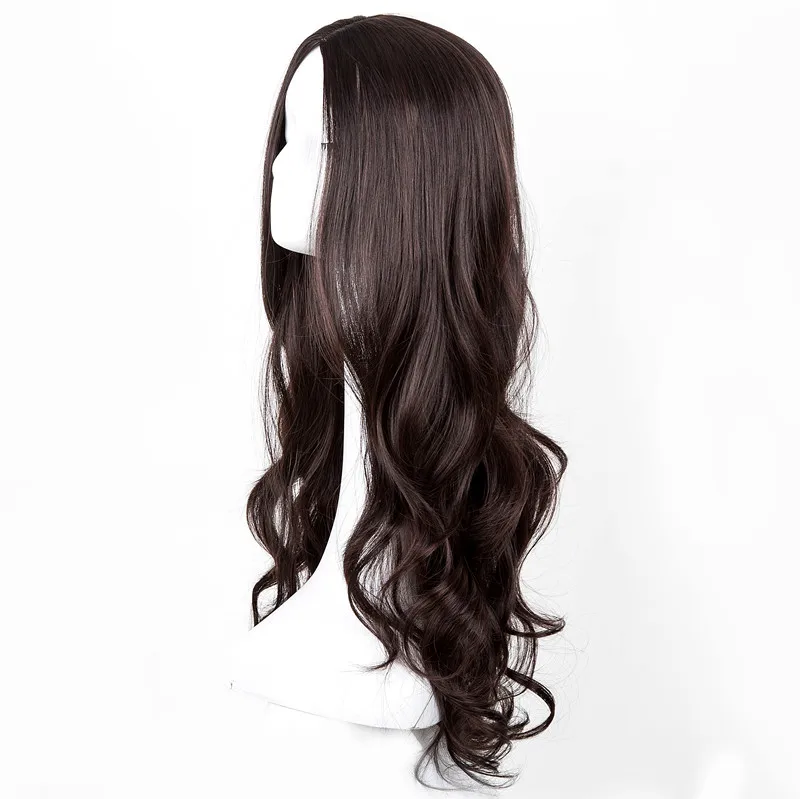 Hitam Wig Fei-Menunjukkan Sintetis Tahan Panas Panjang Curly Bagian Tengah Garis Rambut Kostum Cos-play Halloween Karnaval partai Sopak