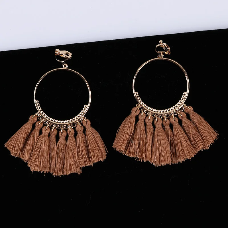 Bohemian Long Tassel Clip On Earrings No Pierced for Women Vintage Round Trendy Cotton Rope Fringe 2018 Fashion Jewelry Ear Clip