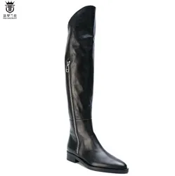 FR.LANCELOT Brand Black Genuine Leather Side Zipper Men Knee High Cool Boots Flats Chelsea Boots Shoes Mens