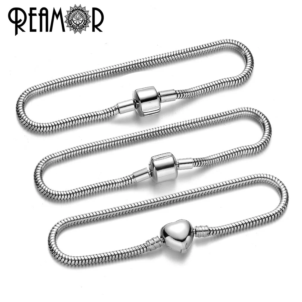 

REAMOR 17/18/19/20/21cm 316l Stainless Steel Snake Chain Heart Clasp Metal Bangle Fit DIY Fashion Bracelet Women Jewelry Making