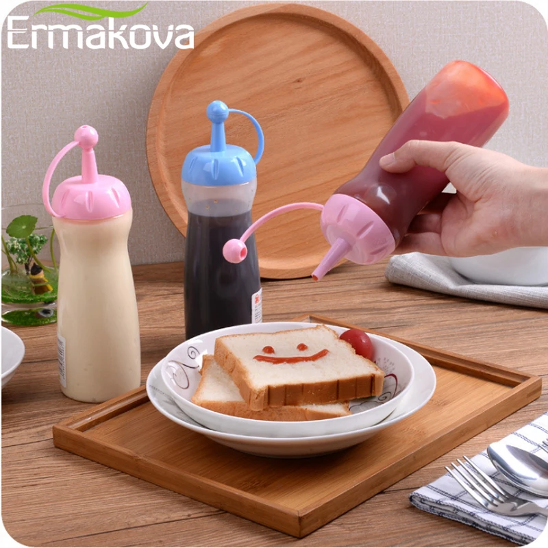 ERMAKOVA Squeeze Condiment Bottle  Food Grade PP Jam Salad Ketchup Condiment Bottle Sauce Vinegar Oil Dispenser Jar with Cap