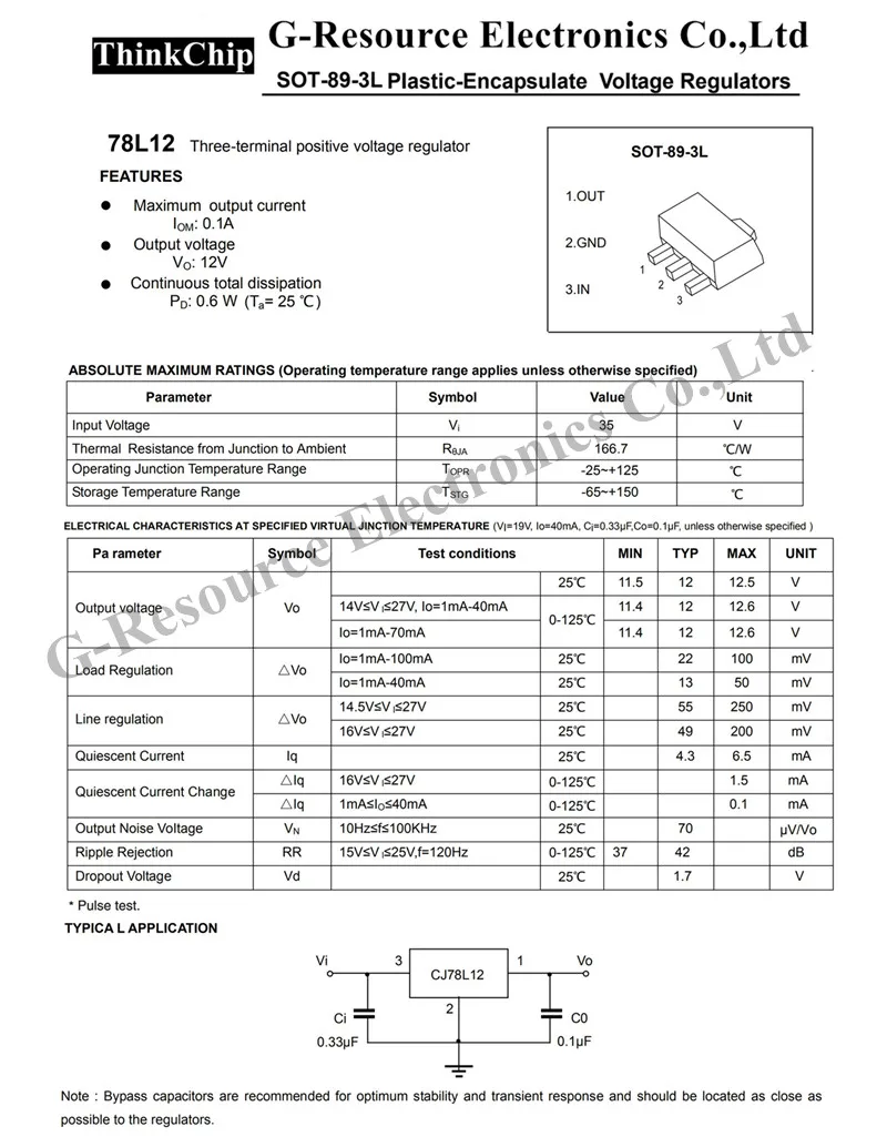 (100Pcs) 78L12 Sot-89 CJ78L12 Smd Drie-Terminal Voltage Regulator Transistor