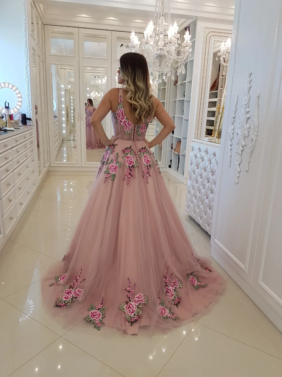 Vestido de fiesta largo de talla grande con bordado de flores, vestido de fiesta rosa con escote Corazón, tirantes finos, Espalda descubierta, Sexy, 2019