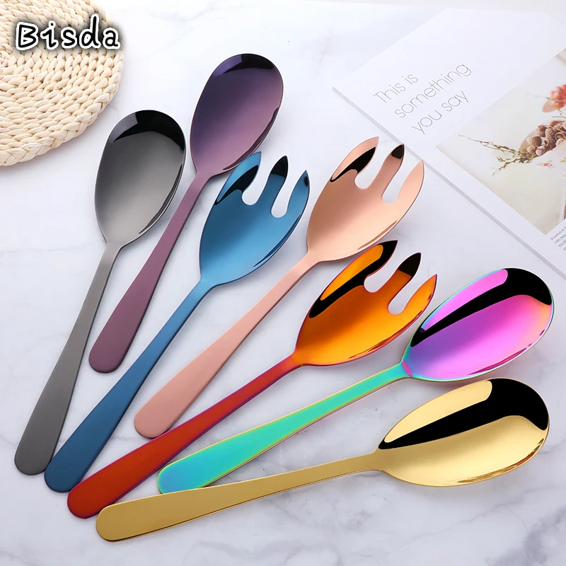 Bisda Big Salad Spoon Fork 18/10 Stainless Steel Colorful Salad Forms Server Cutlery Flatware Utensils Pasta Tools OEM Logo