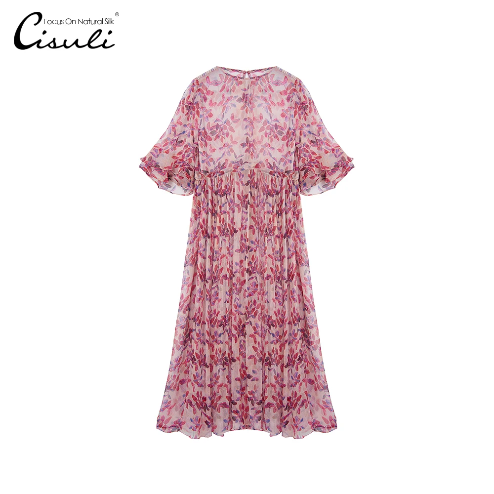 

CISULI Silk Woman Dress Holiday Dress Silk Vacation Style Flower Printed Silk Geogette Fabric Sexy Summer long Ladies Dress