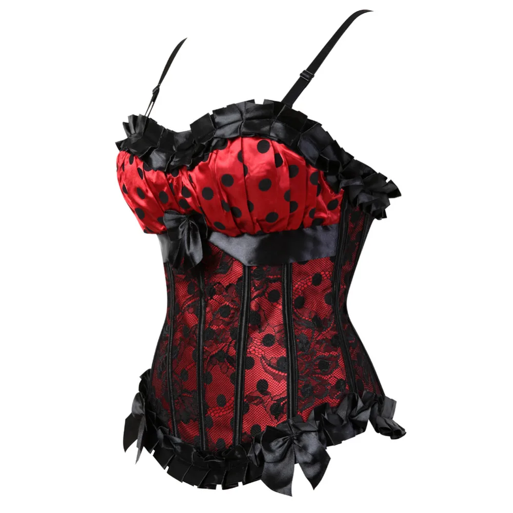 Print Dot Lace Corset Top Palace Spaghetti Strap Bustiers Red Pink Zipper Side Sexy Corset with Strap