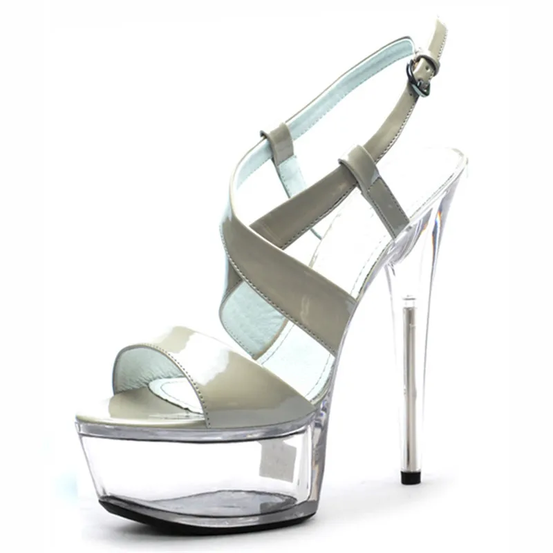 New imitation leather sandals, sexy stage performance 15cm high heel runway sandals