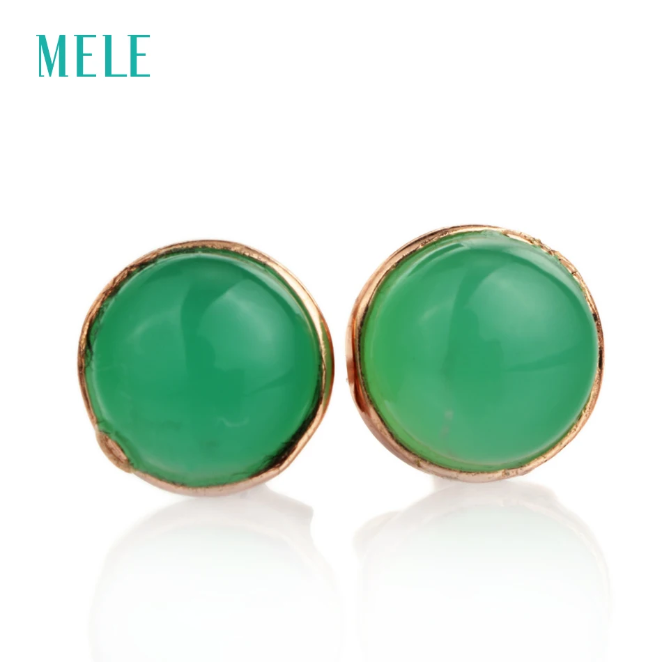 Natural green chalcedony silver earring, round 6mm*6mm, light apple green color, vivid color and brief design, fashion style