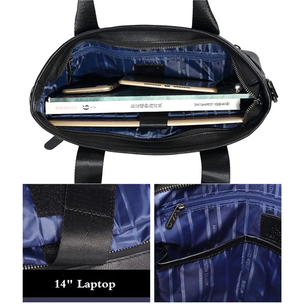 BISON DENIM-maletín de cuero de vaca para hombre, bolsa de viaje de negocios para ordenador portátil, bolso de hombro informal, bandolera, N2195-1