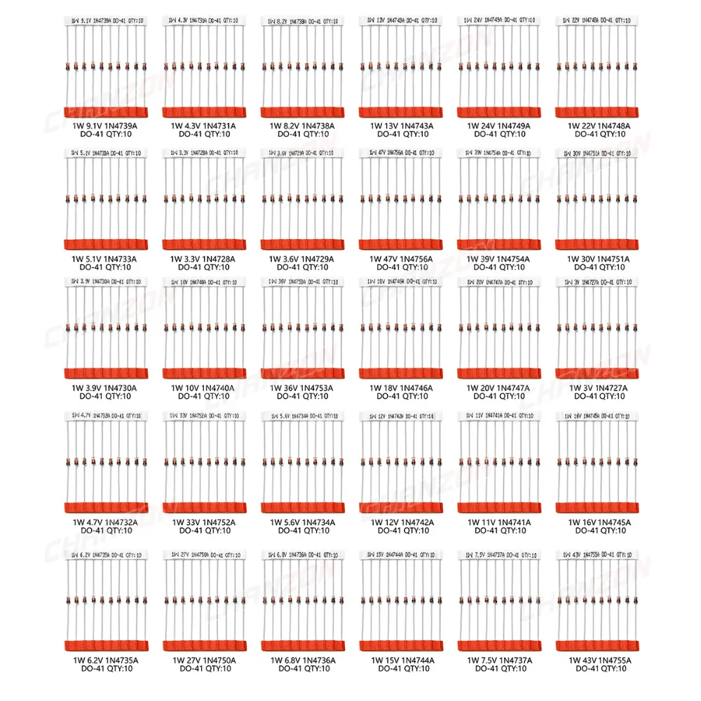 30 Values 1W Zener Diode Assorted Kit 3V 3.3V 3.6V 5.1V 5.6V 7.5V 10V 12V 13V 15V 16V 18V 20V 22V 24V 30V 33V 47V Assortment Set