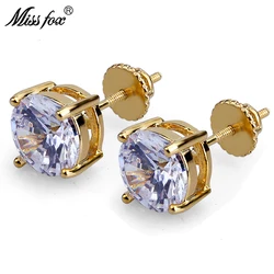 MISSFOX Hiphop Fashion Men's Stud Earrings 24K Gold Plated Round Zirconia Luxury Jewelry Earrings 8MM Piercing Male Earring