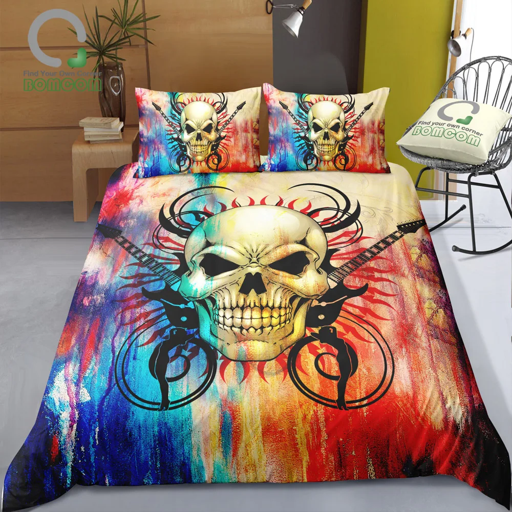

BOMCOM 3D Digital Printing Duvet Cover Set Pencil Drawing Music Fun Skull Crossed Guitars Skull Bedding Set 100% Microfiber