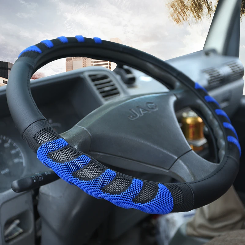 Niebieska PU skórzana obudowa na przyciski na kierownicy do samochodu ciężarowego 36 38 40 42 45 47 50cm średnica Auto kierownica