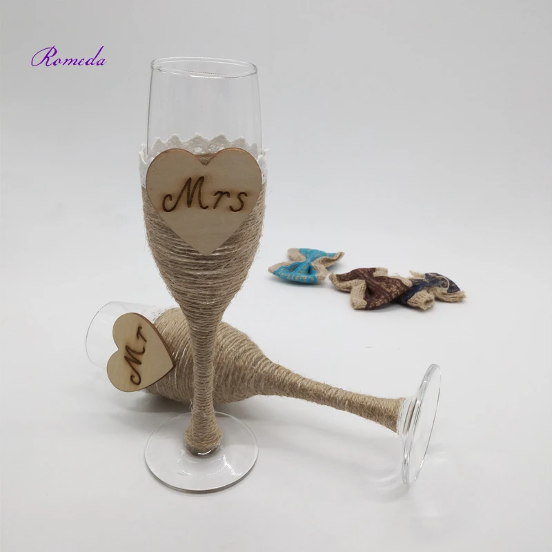 

1 Pair/lot Mr & Mrs Jute Champagne Toasting Glasses Set Rustic Wedding Bridal Shower Gift for wedding decoration