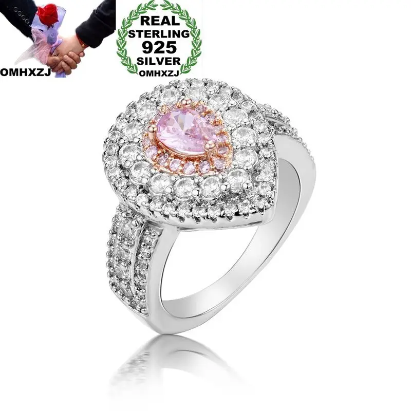 OMHXZJ Wholesale European Fashion Woman Girl Party Wedding Gift Pink AAA Zircon 925 Sterling Silver 14KT Rose Gold Ring RR381