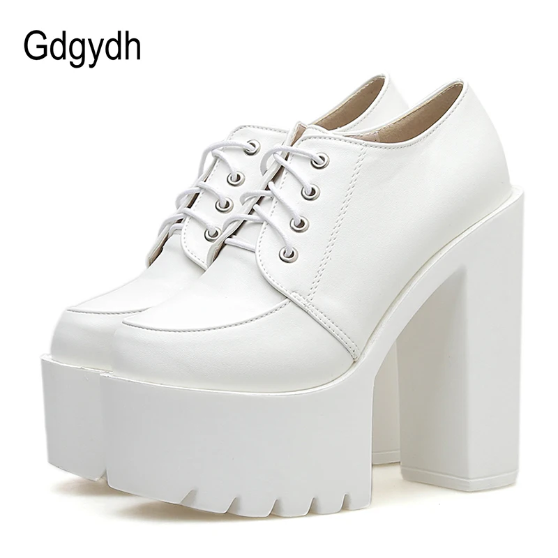 

Gdgydh Spring Autumn High-heeled Shoes Women Pumps Platform Heels Black White Leather 2022 New Lacing Casual Shoes Comfortable