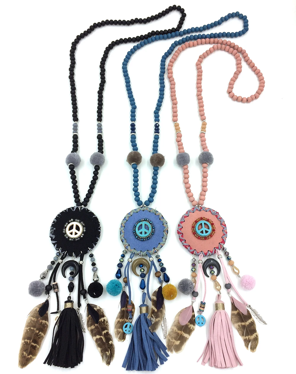 Womens clothing accessories Bohemia multicolor beads illusionist locket pendents necklace feather peace mark pendents necklace