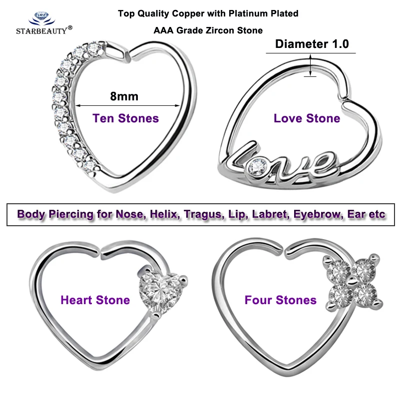 Starbeauty 2pcs/lot Left Right Ear Piercing Gem Heart Helix Piercing Tragus Piercing Orelha Nose Ring AAA Zircon Earring Jewelry