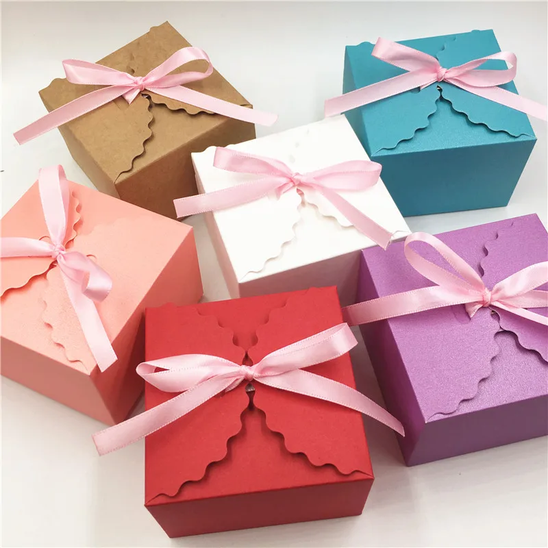 20pcs/24pcs/50pcs 6.5x6.5x4.5cm Gift/Sugar Box  + Pink Ribbon, Engagement&wedding Party Favor Jewelry Packing Suppies