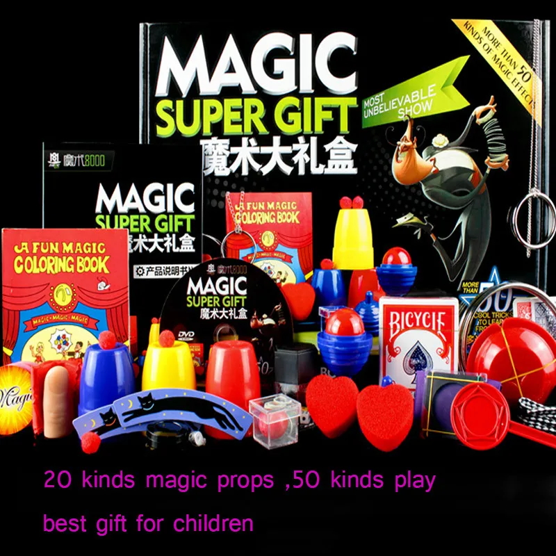 Magic Trick Set kit 50 Kinds Magic Play with DVD Teaching Professional Magie Prop Gimick Card children magic gift Puzzle Toy