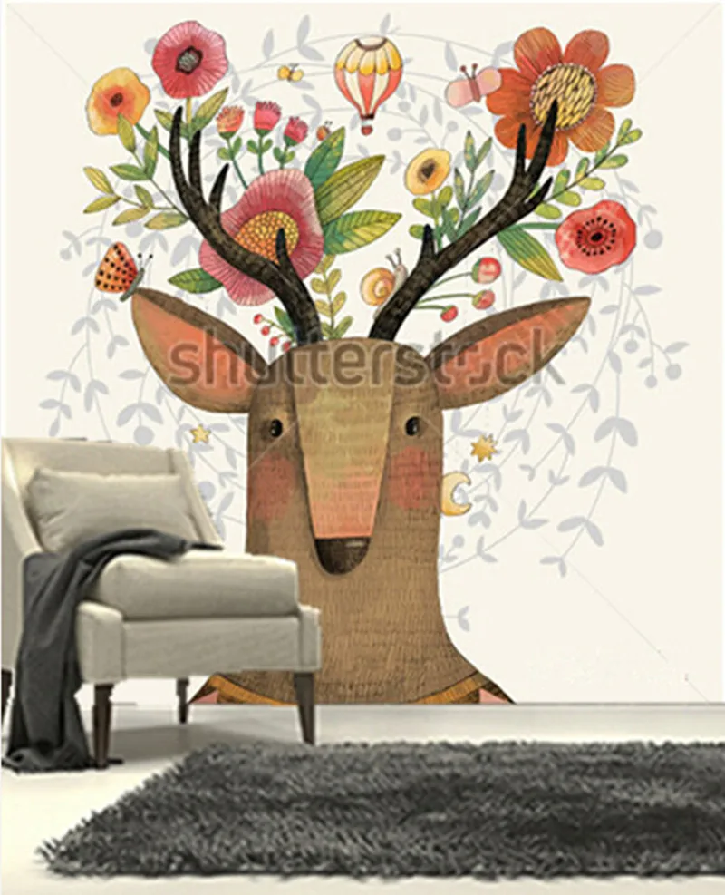 

The custom 3D murals,Sweet deer and flowers made in watercolor technique ,living room sofa TV wall bedroom wall paper