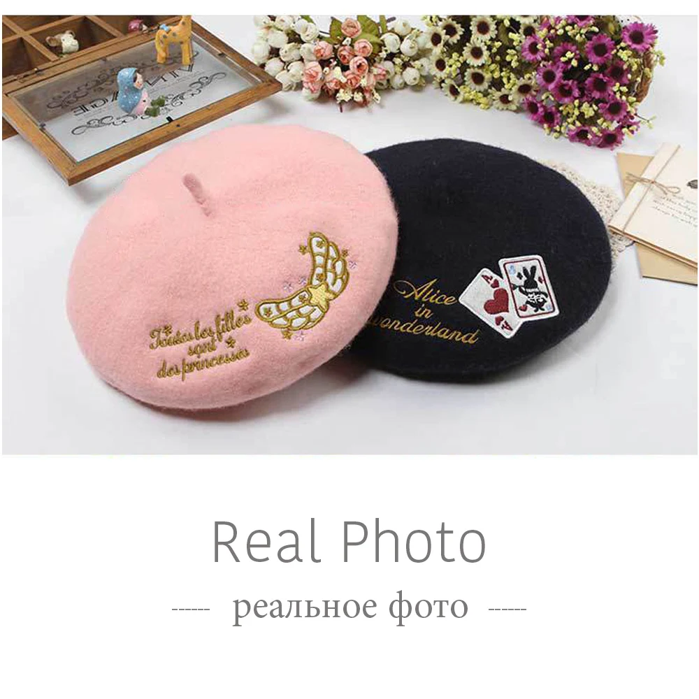 Brieuces 2024 Princess sweet lolita College style embroidery Alice unicorn Winter warm unicorn cherry vintage 100% wool beret