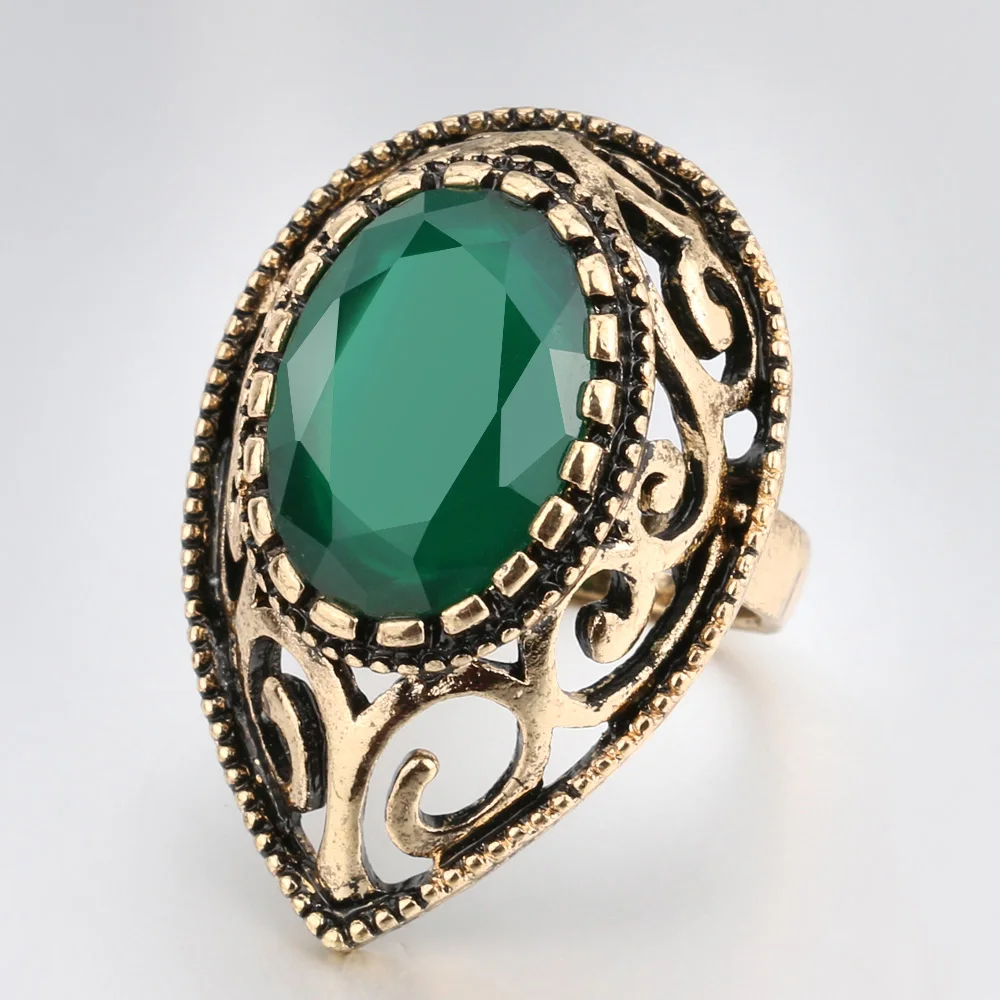 Vintage Indian AAA Cubic Zircon Antique Gold Finger Rings For Women Hollow Water Drop Ring Female Bohemian Turkish Jewelry