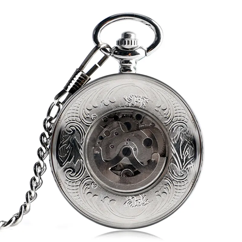 TOP Sales Silver Steampunk Skeleton Automatic Mechanical Pocket Watch with Chain Erkek Kol Saati Watches Men Unisex Gifts Clock