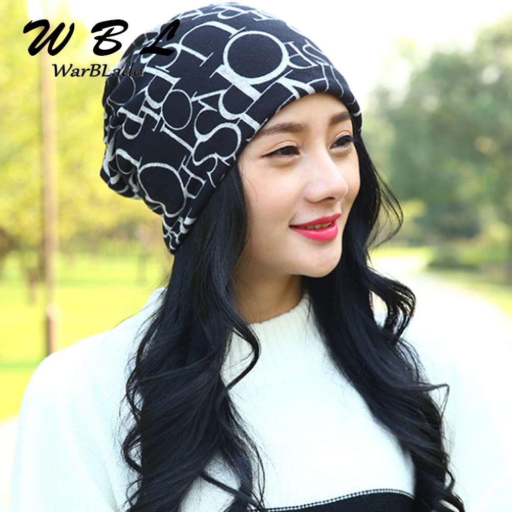 WarBLade Women\'s Warm Autumn Knitting Cotton Letter Style Autumn Hat Ladies Beanie Scarf 3 Use Cap Girls Gorros Women Skullies