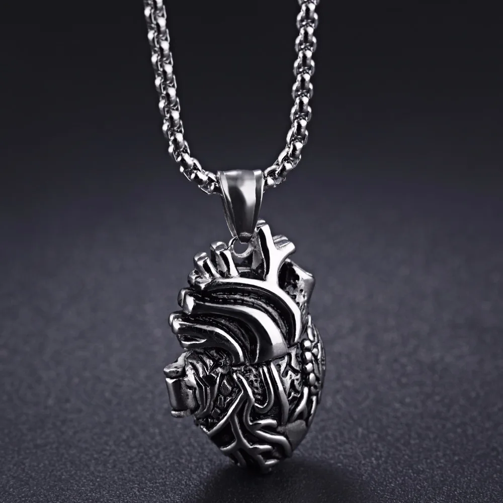 Stainless Steel Anatomical Heart Human Organ Pendant Necklace Gothic Punk Jewelry for Men Women