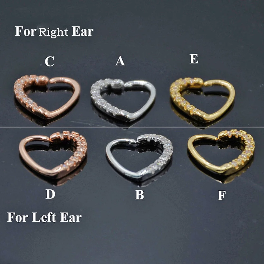 BOG-Lot 1PC Brass Ear Tragus Cartilage Earring with Press Fit Zircon CZ Heart Hoop Daith Piercing Ear Cartilage Piercing Jewelry