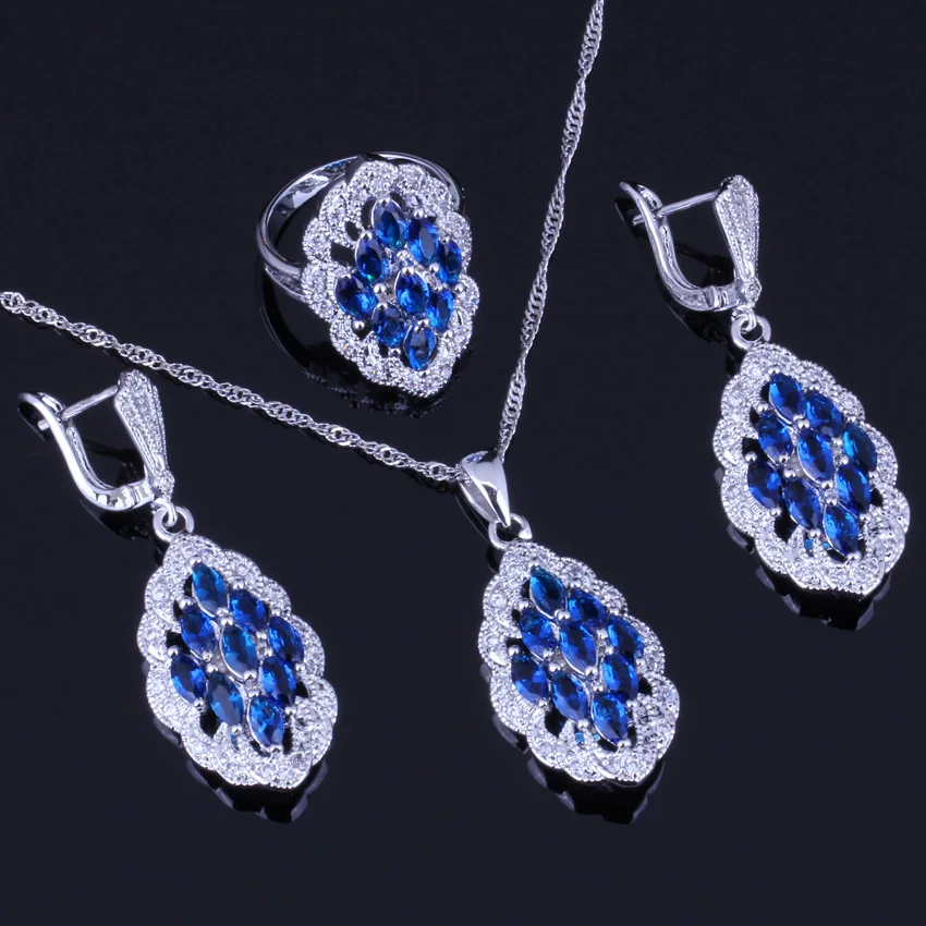 Awesome Blue Cubic Zirconia White CZ Silver Plated Jewelry Sets Earrings Pendant Chain Ring V0014