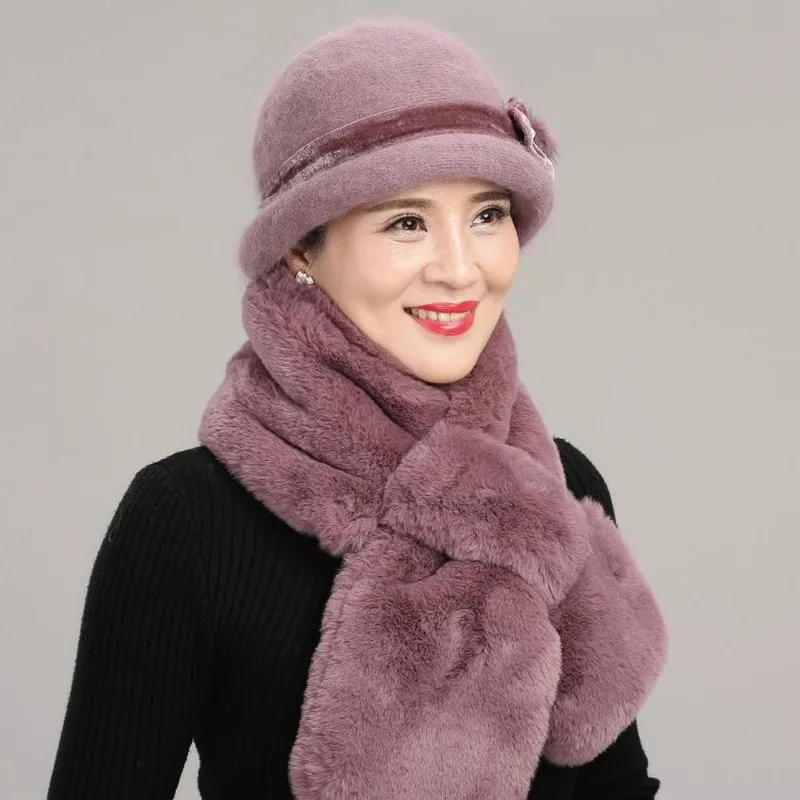 Gorro de lavabo de lana de punto para mujer, gorro de pescador grueso y cálido, bufanda elegante de terciopelo para madre de mediana edad H7158