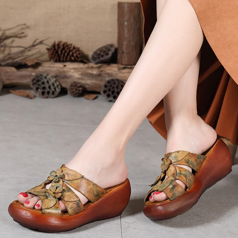 High End New 100% Natural Full Genuine Leather Slippers Women Fashion Sandals Comfortable Elegant Wedge Sandals Casual Slipper