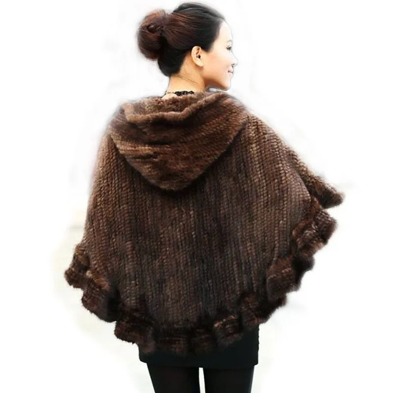 Fashion Women Fur Shawl Winter Knitted Real Mink Fur Stole With Fur Hood Knitted Mink Poncho Pashmina