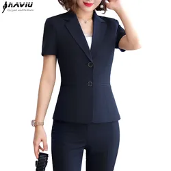 Naviu New Fashion Women Formal Suits Business Temperament Short Sleeve Slim Blazer and Trousers Office Ladies Work Wear