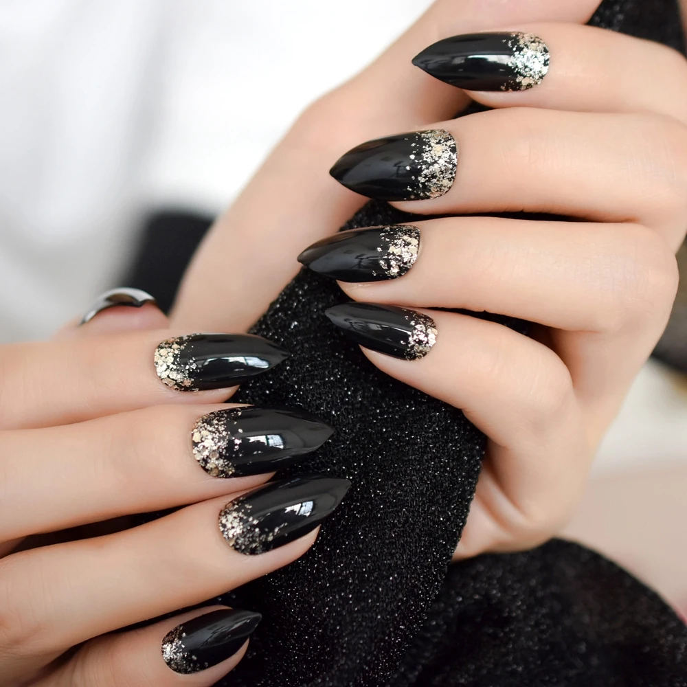 Purpurina Stiletto uñas negro puro medio uñas plata polvo decoración uñas acrílico pre-diseñado punta más afilada