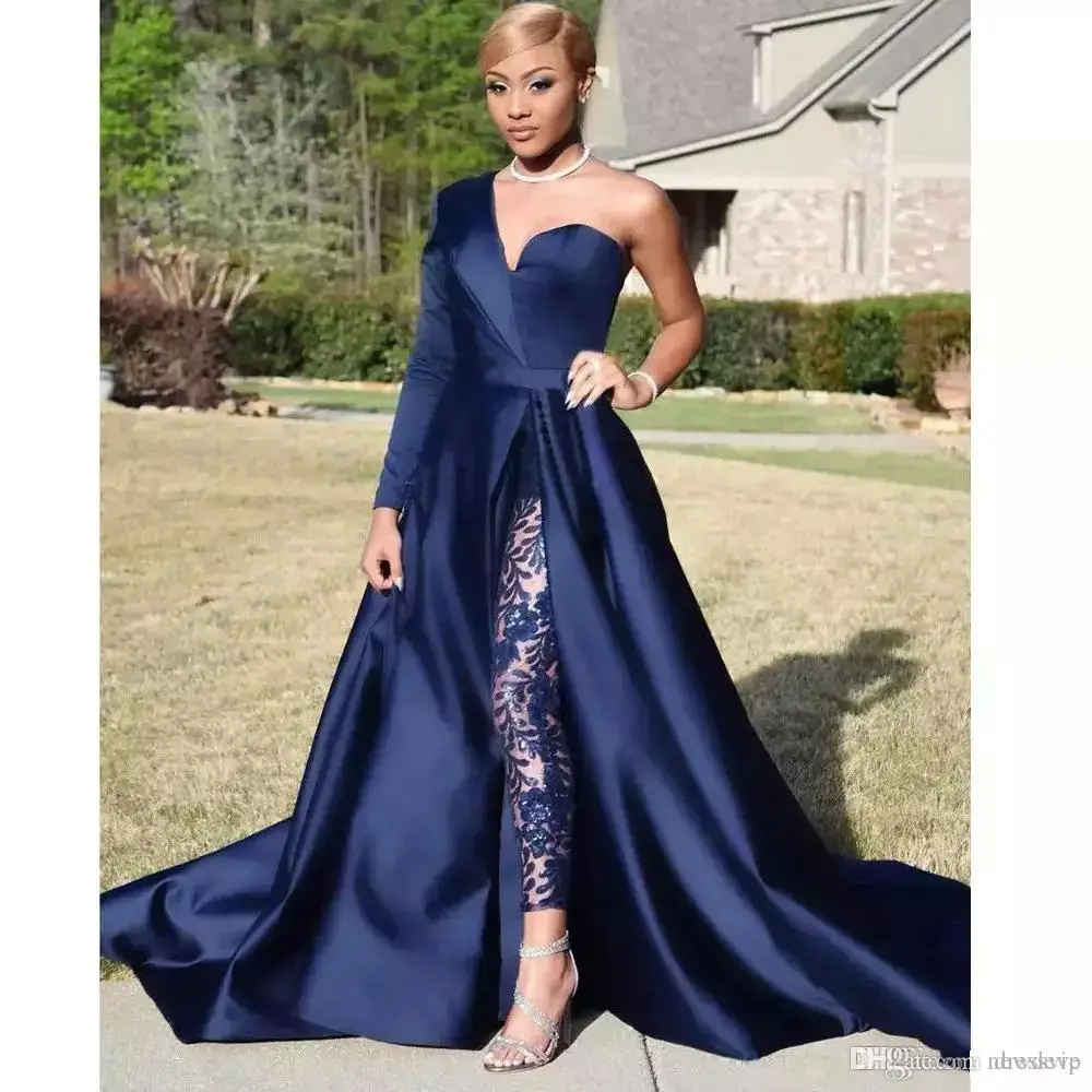 Modest Blue Jumpsuits Prom Dresses Detachable Skirt Two Pieces Evening Gowns One Shoulder Side Slit Pantsuit Celebrity Wear