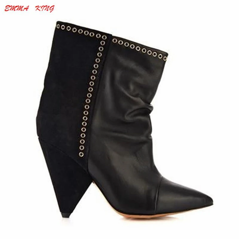 2019 Fashion Suede Leather Patchwork Sexy Ankle Boots Women Spike High Heel Pointy Toe Metal Pleated Flock Ladies Short Boots