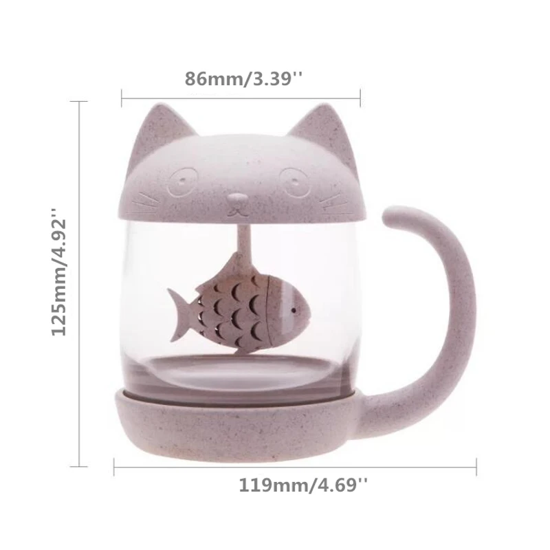 Arshen  250ml Cat Shaped Glass Cup Wheat Fibre Cute Cat Cup With Fish Shaped Infuser Strainer Filter Tea Cups Home Office Gifts