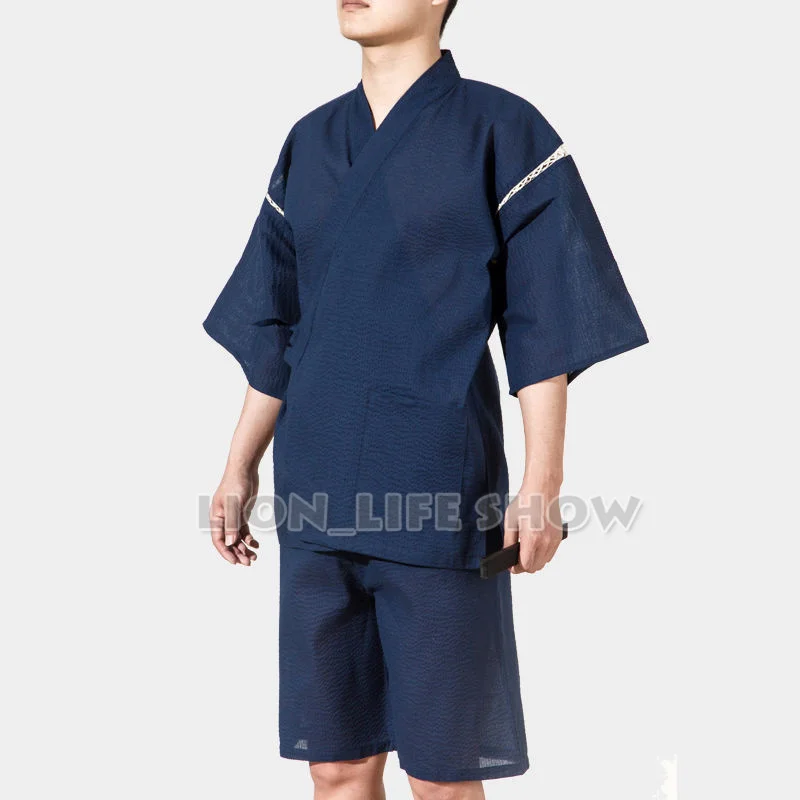 summer Men Jinbei Japanese Kimono Short Sleeve 2PCS Set Sleepwear Pajama Loungewear