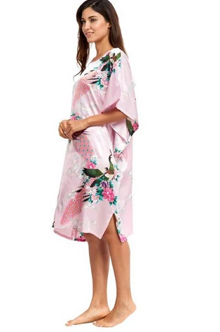 Brand New Pink Female Silk Rayon Robe Nightshirt Summer Bathrobe Gown Sleepwear Flower Home Dress Peacock Plus Size 6XL A-074