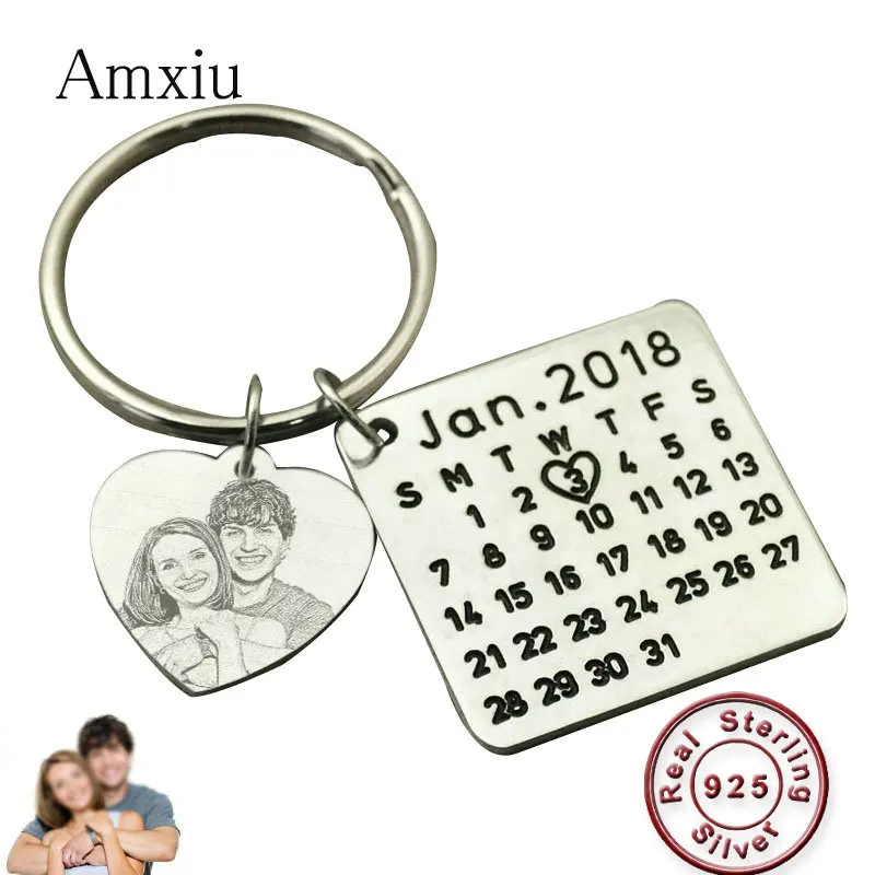 Amxiu Personalized Calendar Keychain 925 Silver Heart Jewelry Engrave Photo Highlighted Calendar Date Key Chains for Father Gift