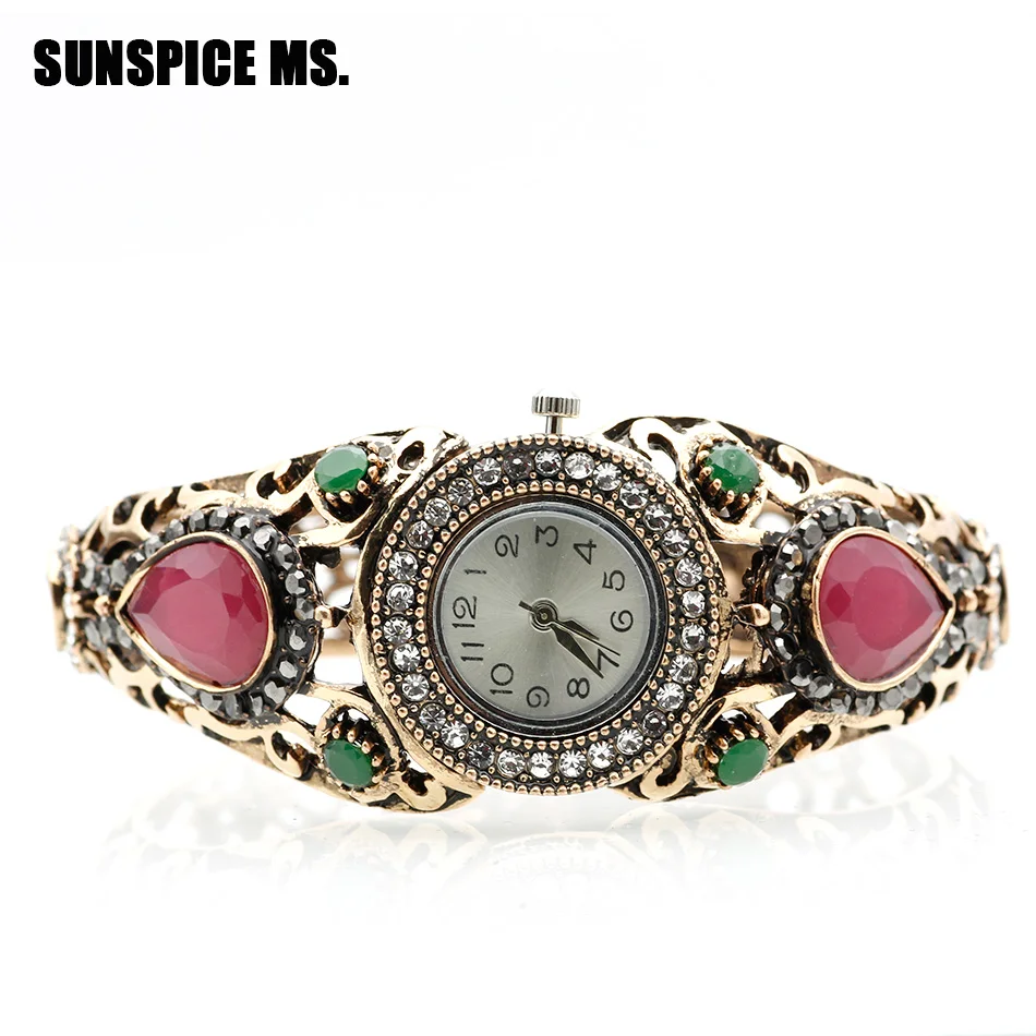 SUNSPICE MS Retro Vintage Watch Bangle Cuff Resin Round Charm Bracelet Jewelry Antique Color Turkish Women Ethnic Festival Gift