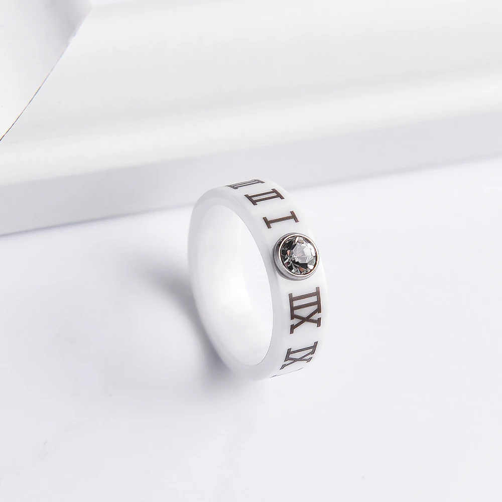 Hot Selling Ceramic Roman Numbers Jewelry Rings For Women Stainless steel Wedding Band Round Black Finger Ring Engrave Available