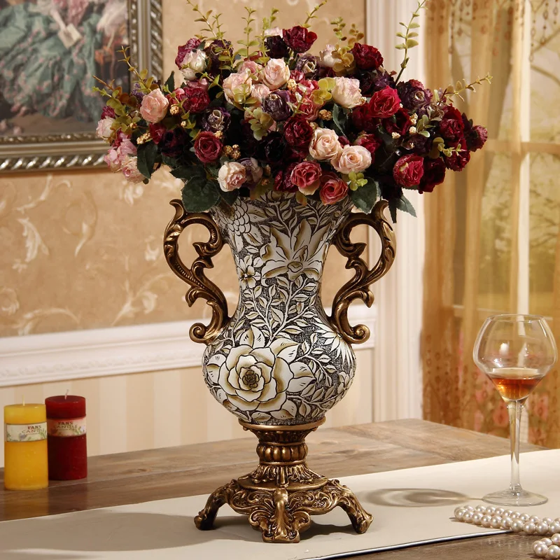 European-style new resin binaural vase home hand-painted Vintage carving antique countertop vase decorative ornaments