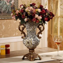 European-style new resin binaural vase home hand-painted Vintage carving antique countertop vase decorative ornaments