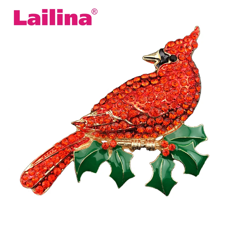 Stunning Large Red Cardinal on poinsettia branch hand casted with Crystal Christmas Gift Brooch