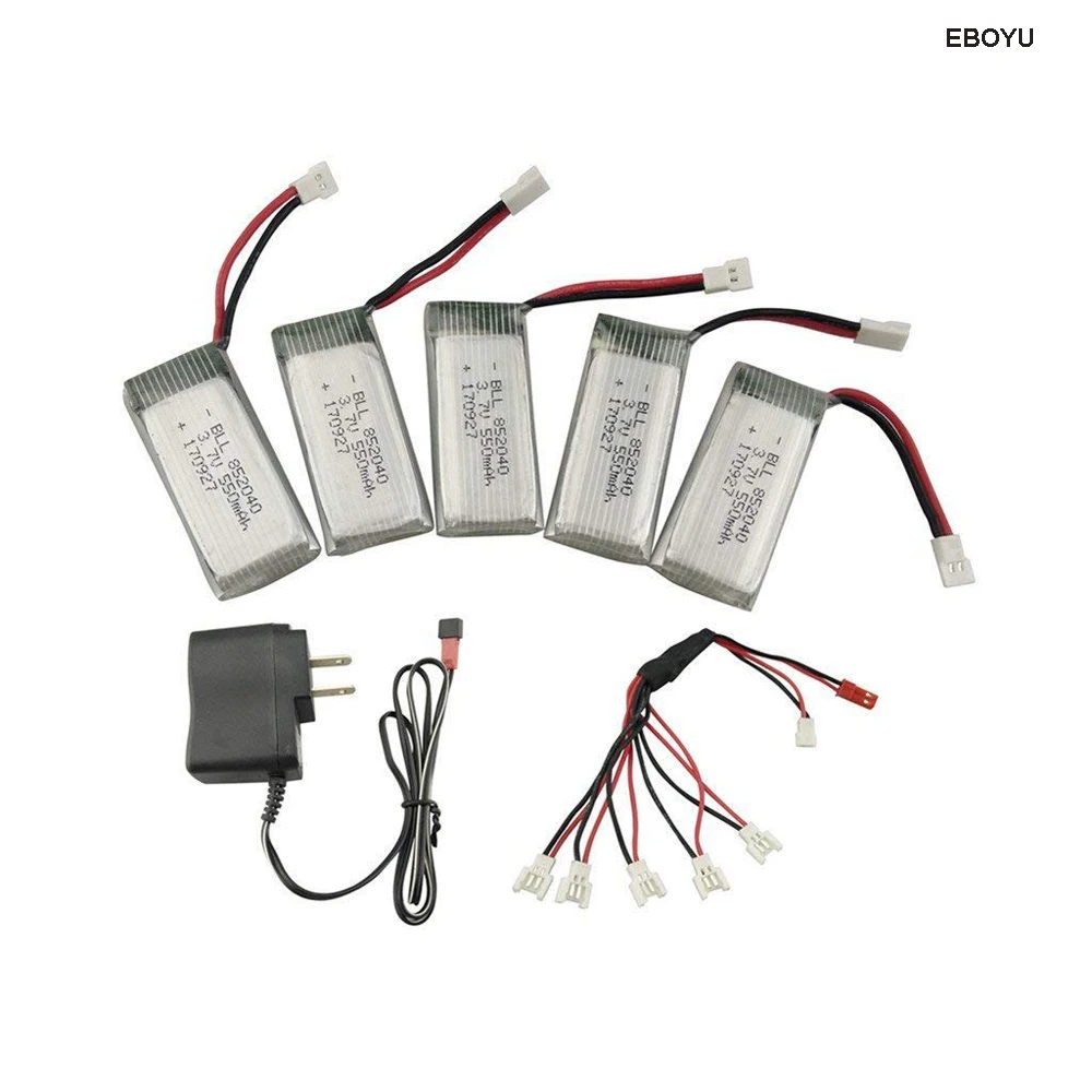 5pcs * EBOYU 3.7V 550mAh 25c Lipo Battery + 2 to 5 Charger Cable + 3.7V Charger Plug for JXD 523 523W H43WH RC Quadcopter Drone